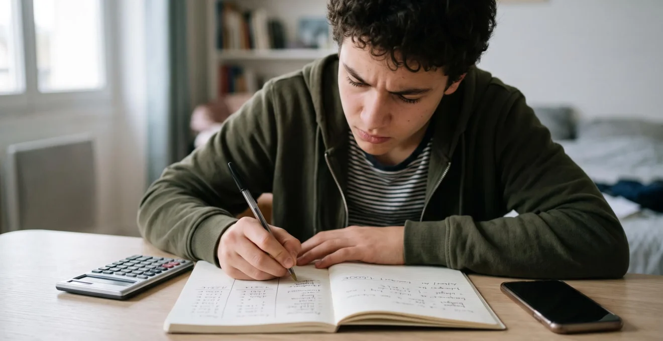 Lycéen calculant et planifiant son épargne dans un carnet avec calculatrice