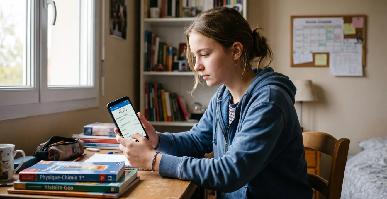 Lycéen consultant une application bancaire sur son smartphone dans son espace d'étude personnel