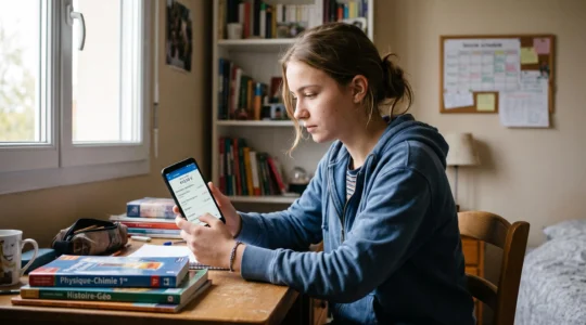 Lycéen consultant une application bancaire sur son smartphone dans son espace d'étude personnel