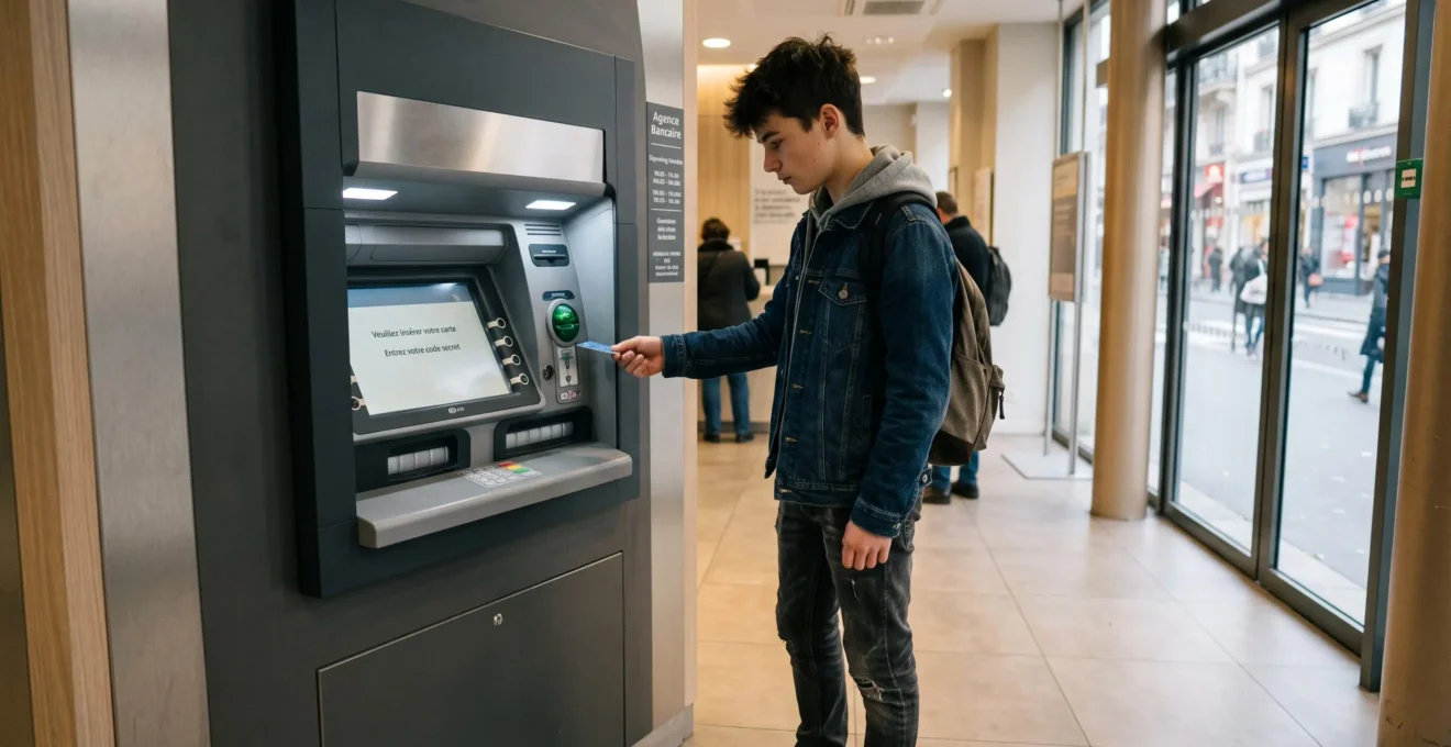 Lycéen utilisant un distributeur automatique bancaire pour effectuer une opération de dépôt