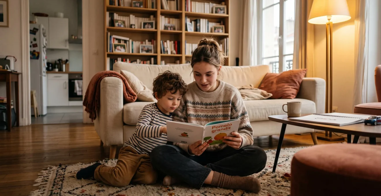 Lycéenne effectuant du baby-sitting en lisant un livre avec un jeune enfant dans un salon